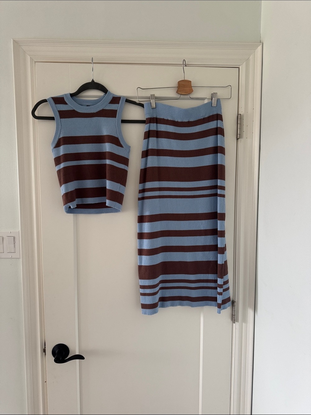 Source Unknown Blue & Brown Striped Knit Skirt Set